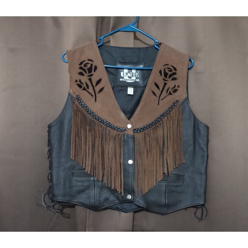 Unik Fringed Leather Vest Women's L Snap Pockets Western Motorcycle Biker